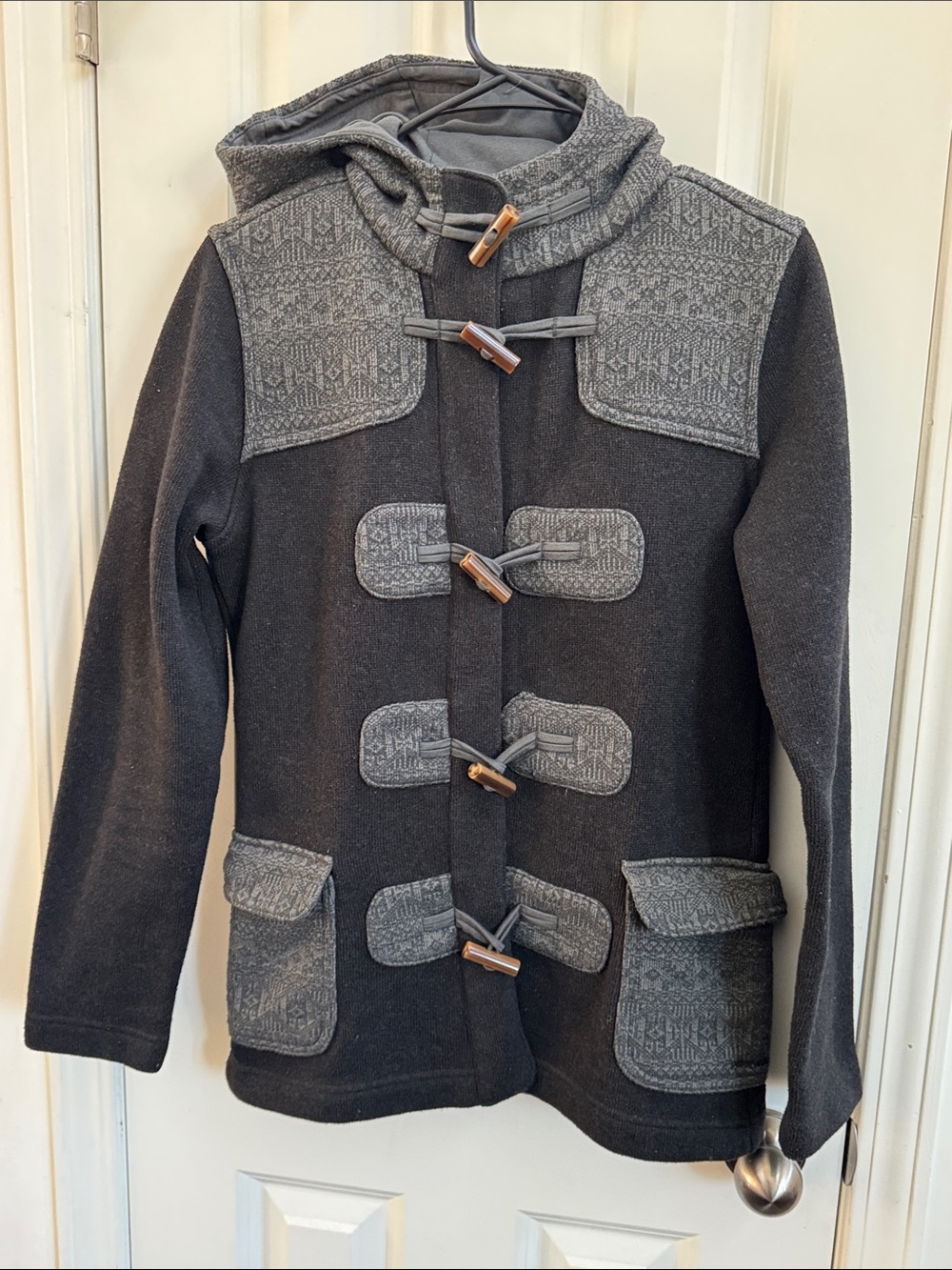 Patagonia Gray Toggle Hooded Coat with Patterned Accents